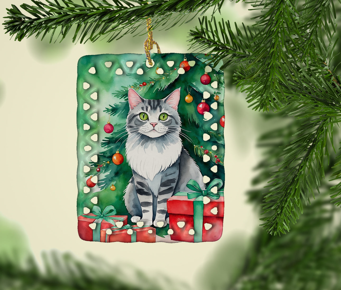 Foldex Exotic Fold Cat By the Christmas Tree Porcelain Ornament Christmas Tree Hanging Decorations for Home Christmas Holiday, Rectangle, Gift, Multicolor