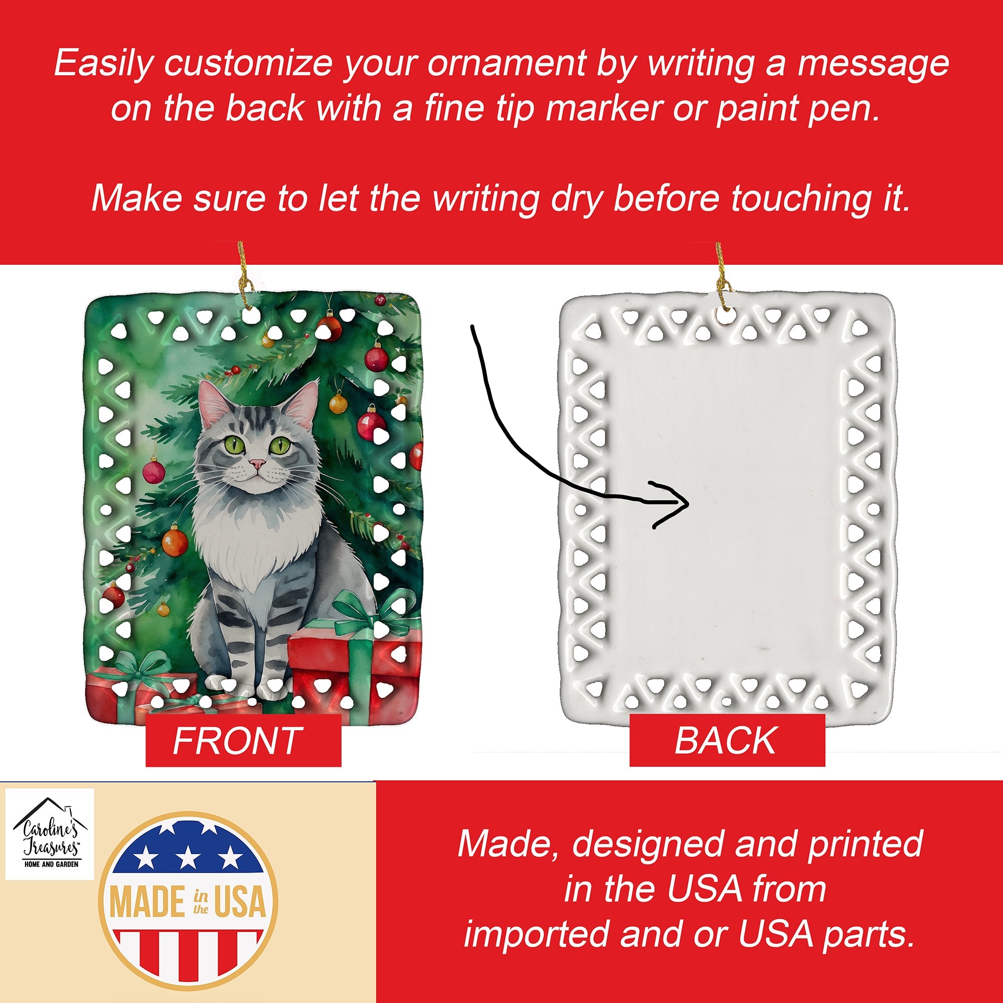 Foldex Exotic Fold Cat By the Christmas Tree Porcelain Ornament Christmas Tree Hanging Decorations for Home Christmas Holiday, Rectangle, Gift, Multicolor