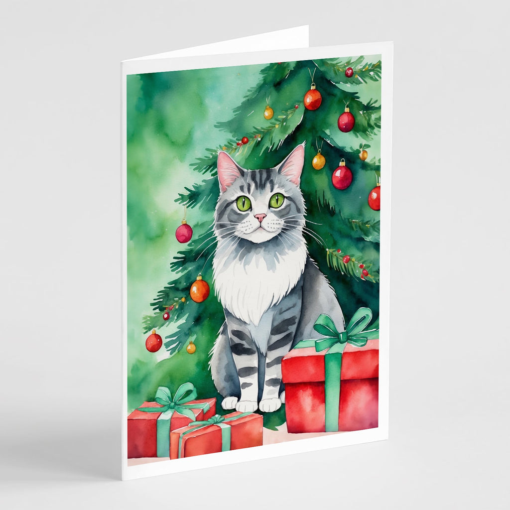 Foldex Exotic Fold Cat By the Christmas Tree Greeting Cards Pack of 8 Blank Cards with Envelopes Whimsical A7 Size 5x7