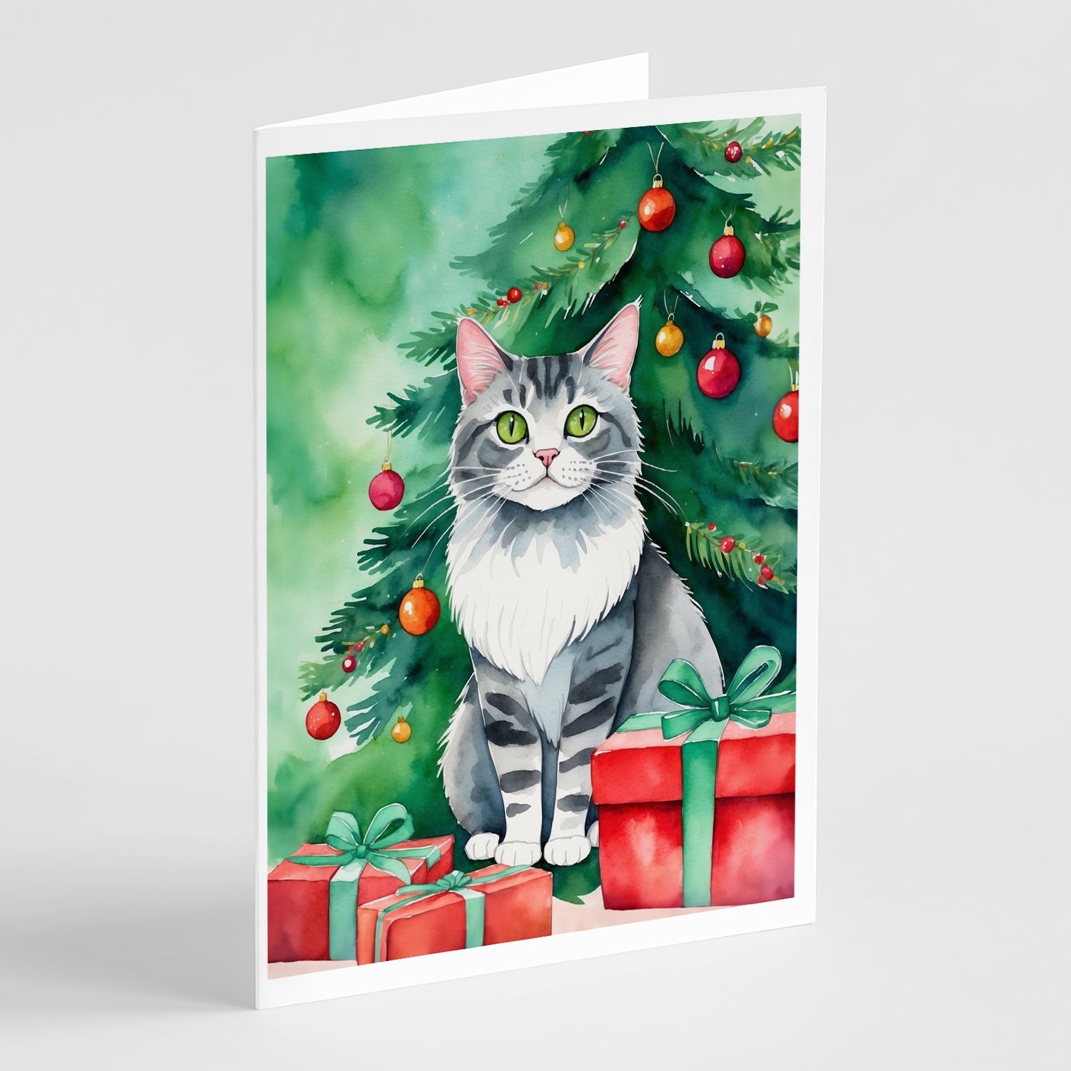 Foldex Exotic Fold Cat By the Christmas Tree Greeting Cards Pack of 8 Blank Cards with Envelopes Whimsical A7 Size 5x7