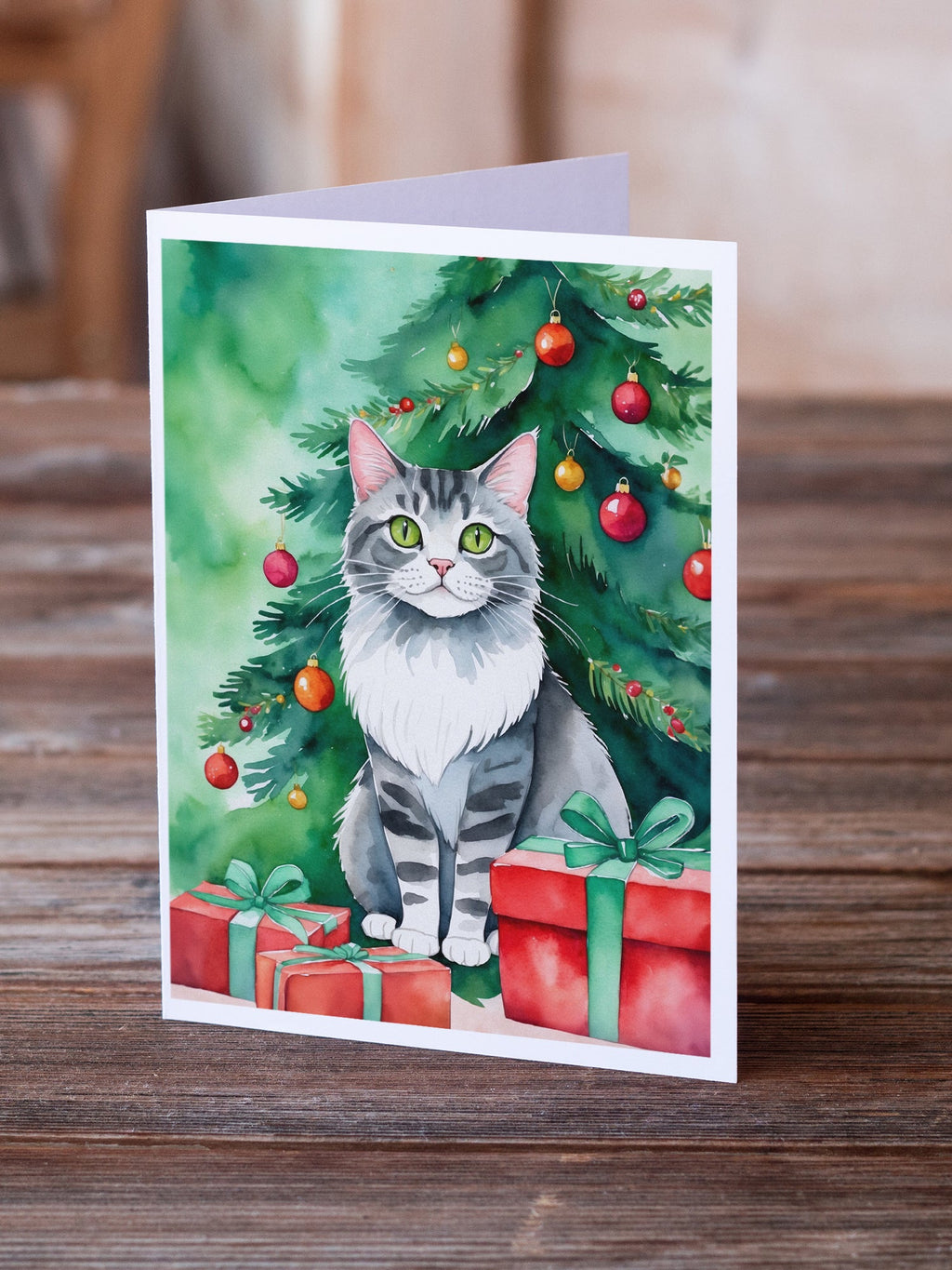 Foldex Exotic Fold Cat By the Christmas Tree Greeting Cards Pack of 8 Blank Cards with Envelopes Whimsical A7 Size 5x7