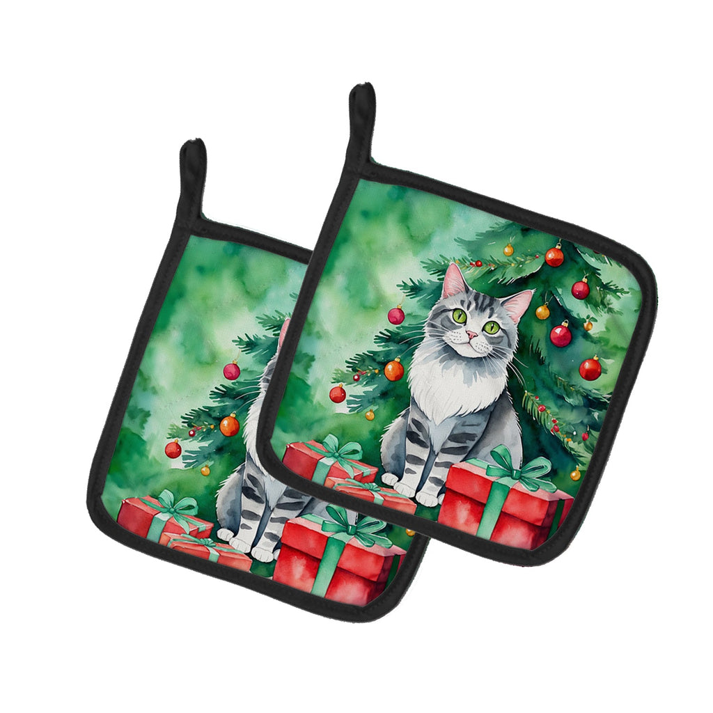 Foldex Exotic Fold Cat By the Christmas Tree Pot Holder Set of 2 Heat Resistant Quilted Hot Pads 7.5 x 7.5 Inch, Insulated Kitchen Trivets for Cooking & Baking