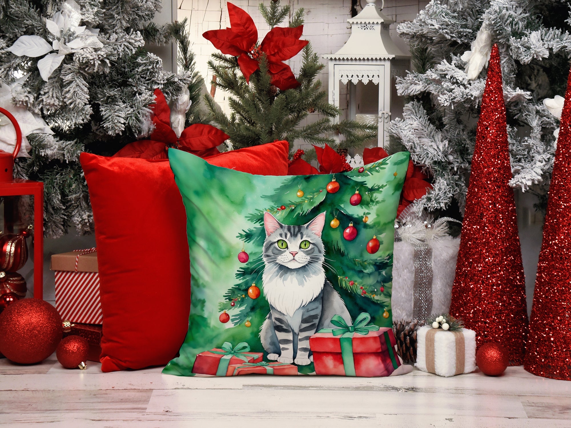 Foldex Exotic Fold Cat By the Christmas Tree Decorative Throw Pillow 18x18 Indoor Outdoor Accent Cushion, Fabric Cover with Insert for Sofa, Bed, Porch & Living Room