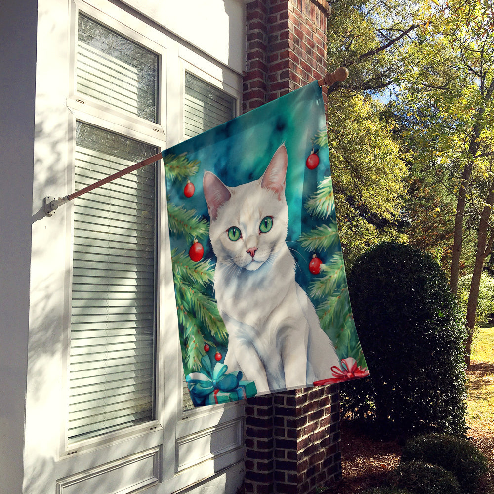 Foreign White Cat By the Christmas Tree House Flag 28x40 Porch Sleeve Pole Decorative Outside Yard Banner Artwork Wall Hanging, Polyester