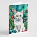 Foreign White Cat By the Christmas Tree Greeting Cards Pack of 8 Blank Cards with Envelopes Whimsical A7 Size 5x7