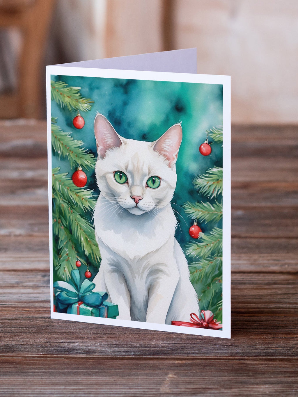 Foreign White Cat By the Christmas Tree Greeting Cards Pack of 8 Blank Cards with Envelopes Whimsical A7 Size 5x7