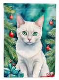 Foreign White Cat By the Christmas Tree Garden Flag Mailbox Decorative Yard Banner Outside Patio Artwork for Flower Beds, Garden Size, Multicolor