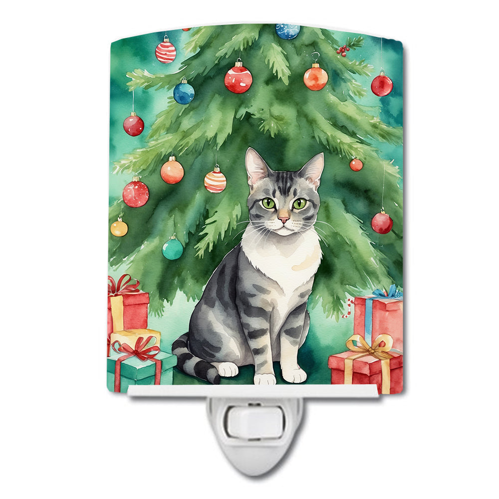 German Rex Cat By the Christmas Tree Ceramic Night Light Compact, UL-Certified, Ideal for Bedroom, Bathroom, Nursery, Hallway, Kitchen, 6x4x3, Multicolor