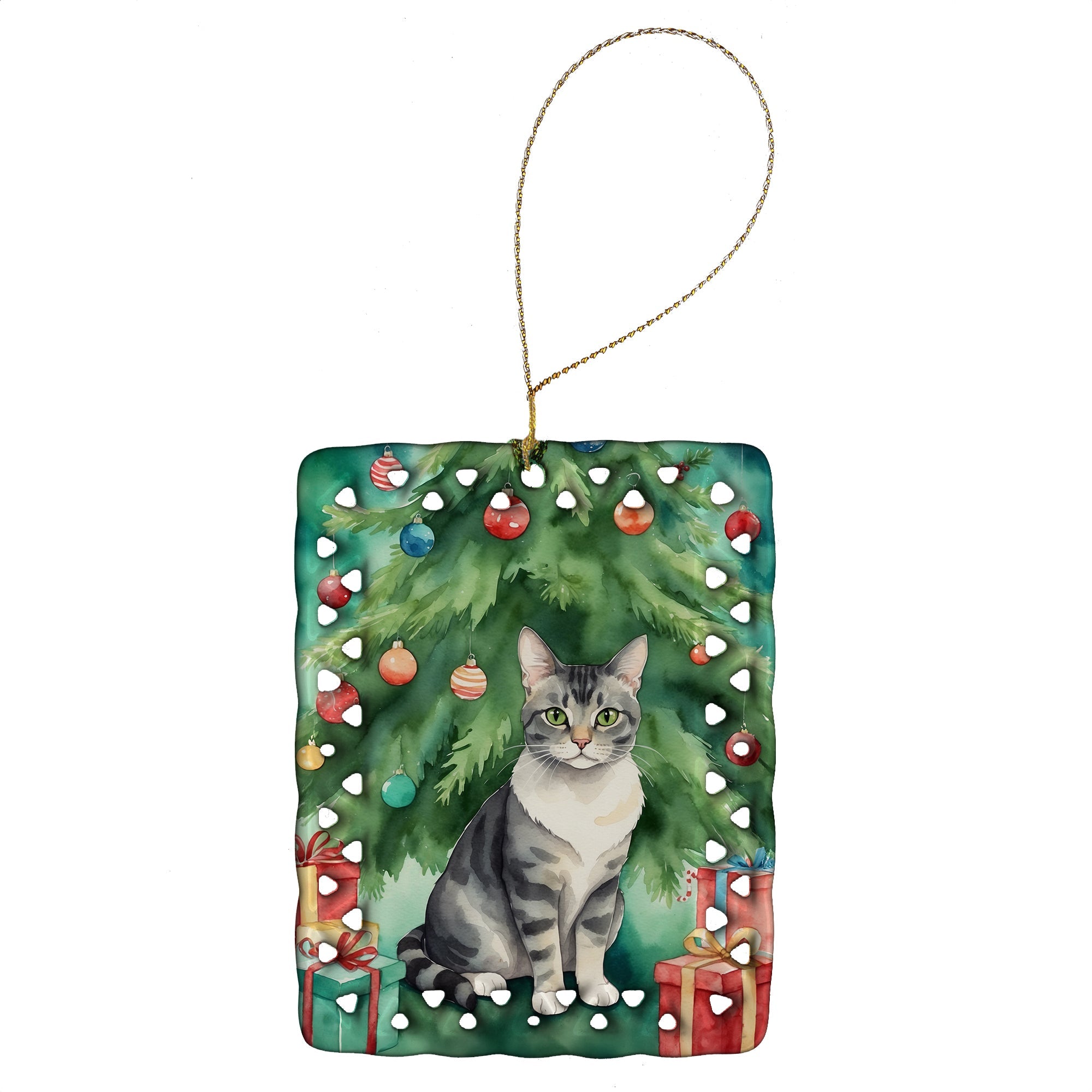 German Rex Cat By the Christmas Tree Porcelain Ornament Christmas Tree Hanging Decorations for Home Christmas Holiday, Rectangle, Gift, Multicolor