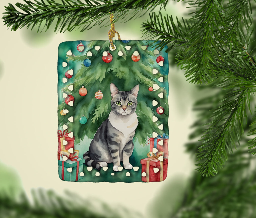 German Rex Cat By the Christmas Tree Porcelain Ornament Christmas Tree Hanging Decorations for Home Christmas Holiday, Rectangle, Gift, Multicolor