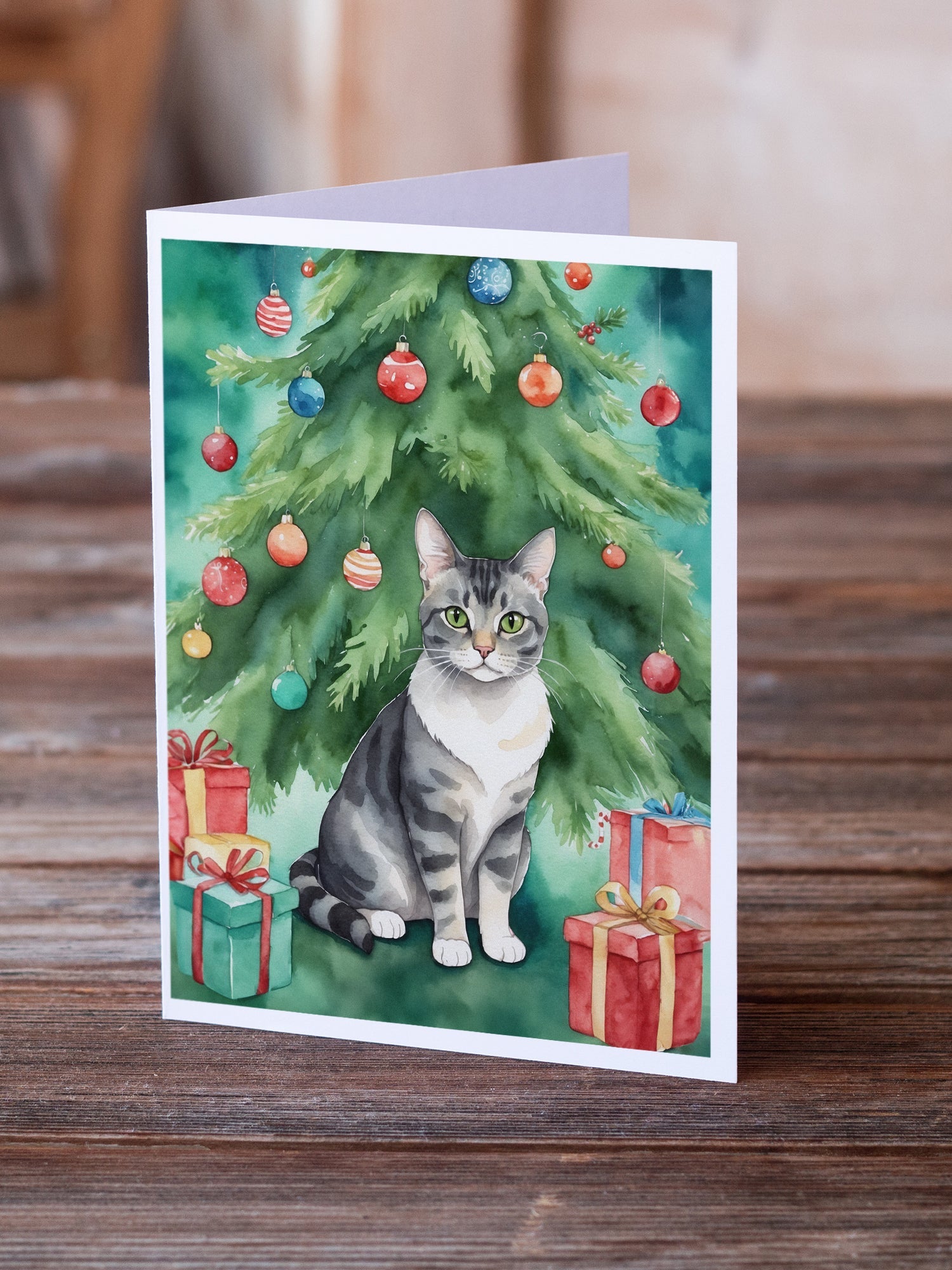 German Rex Cat By the Christmas Tree Greeting Cards Pack of 8 Blank Cards with Envelopes Whimsical A7 Size 5x7