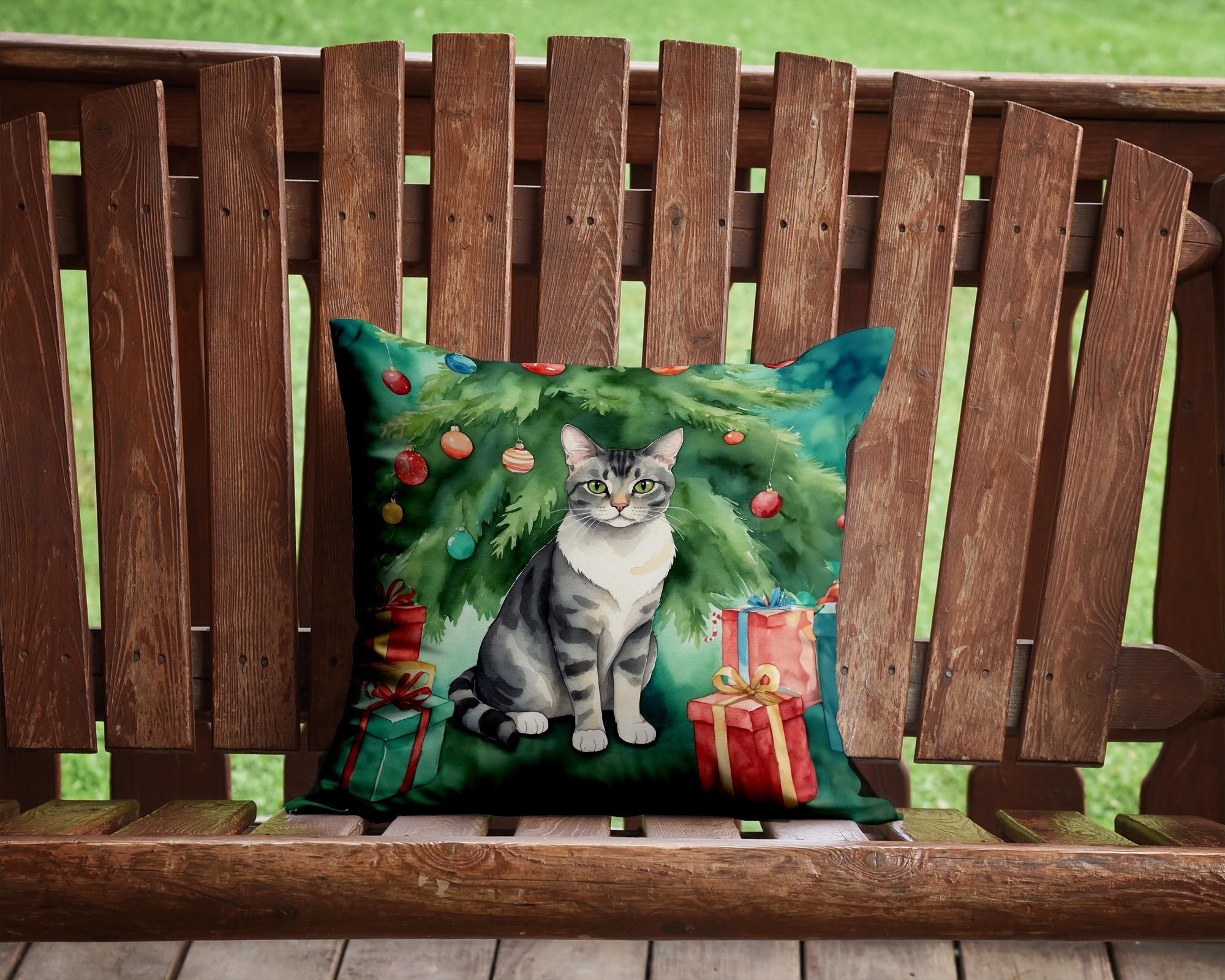 German Rex Cat By the Christmas Tree Decorative Throw Pillow 14x14 Indoor Outdoor Accent Cushion, Fabric Cover with Insert for Sofa, Bed, Porch & Living Room
