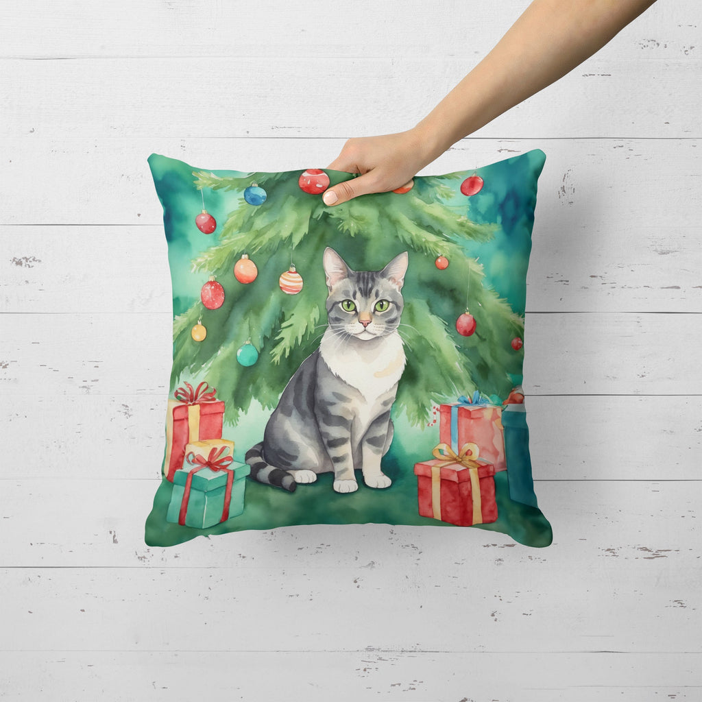 German Rex Cat By the Christmas Tree Decorative Throw Pillow 18x18 Indoor Outdoor Accent Cushion, Fabric Cover with Insert for Sofa, Bed, Porch & Living Room