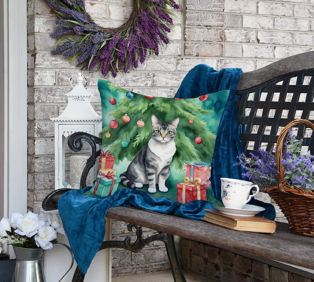 German Rex Cat By the Christmas Tree Decorative Throw Pillow 18x18 Indoor Outdoor Accent Cushion, Fabric Cover with Insert for Sofa, Bed, Porch & Living Room
