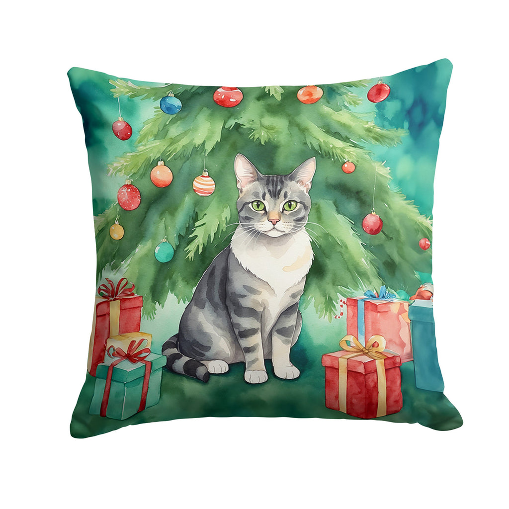 German Rex Cat By the Christmas Tree Decorative Throw Pillow 18x18 Indoor Outdoor Accent Cushion, Fabric Cover with Insert for Sofa, Bed, Porch & Living Room