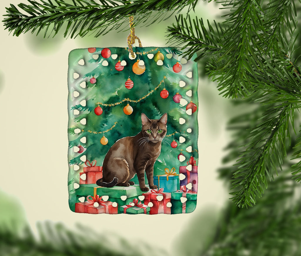 Havana Brown Cat By the Christmas Tree Porcelain Ornament Christmas Tree Hanging Decorations for Home Christmas Holiday, Rectangle, Gift, Multicolor