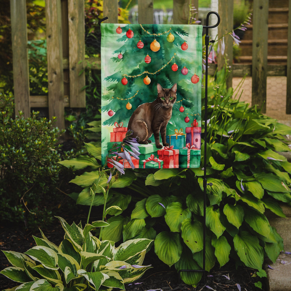 Havana Brown Cat By the Christmas Tree Garden Flag Mailbox Decorative Yard Banner Outside Patio Artwork for Flower Beds, Garden Size, Multicolor