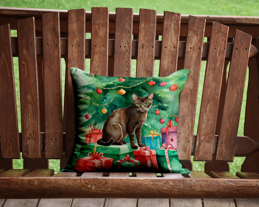Havana Brown Cat By the Christmas Tree Decorative Throw Pillow 14x14 Indoor Outdoor Accent Cushion, Fabric Cover with Insert for Sofa, Bed, Porch & Living Room