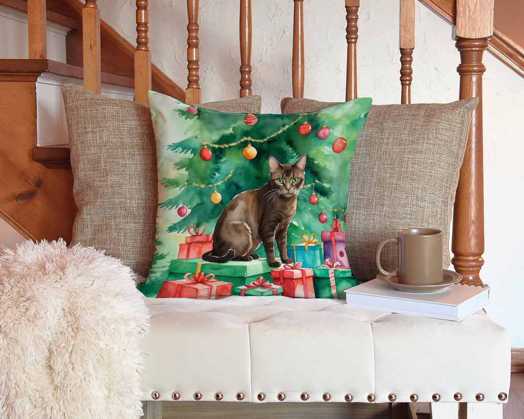 Havana Brown Cat By the Christmas Tree Decorative Throw Pillow 14x14 Indoor Outdoor Accent Cushion, Fabric Cover with Insert for Sofa, Bed, Porch & Living Room