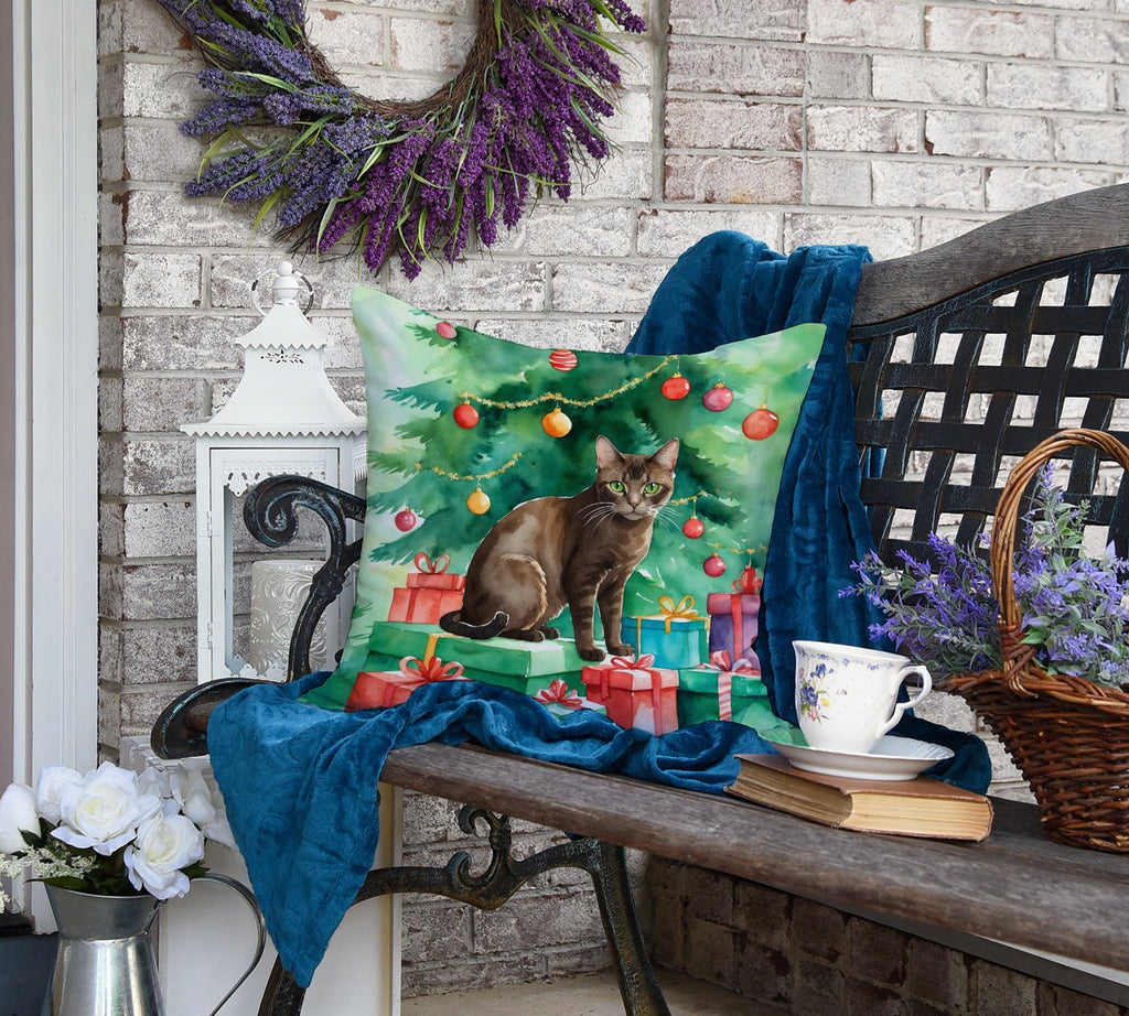 Havana Brown Cat By the Christmas Tree Decorative Throw Pillow 18x18 Indoor Outdoor Accent Cushion, Fabric Cover with Insert for Sofa, Bed, Porch & Living Room