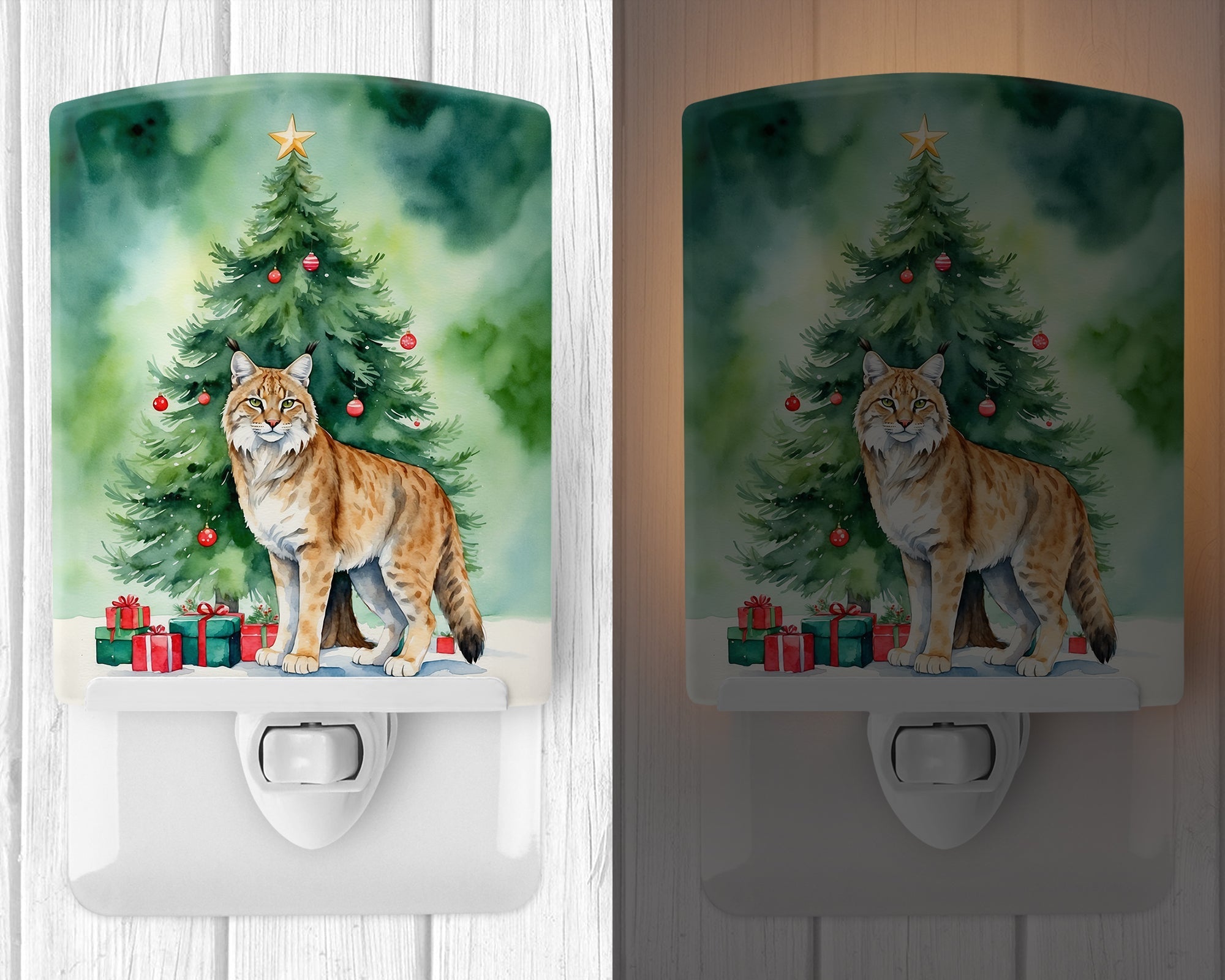 Highlander Lynx Cat By the Christmas Tree Ceramic Night Light Compact, UL-Certified, Ideal for Bedroom, Bathroom, Nursery, Hallway, Kitchen, 6x4x3, Multicolor