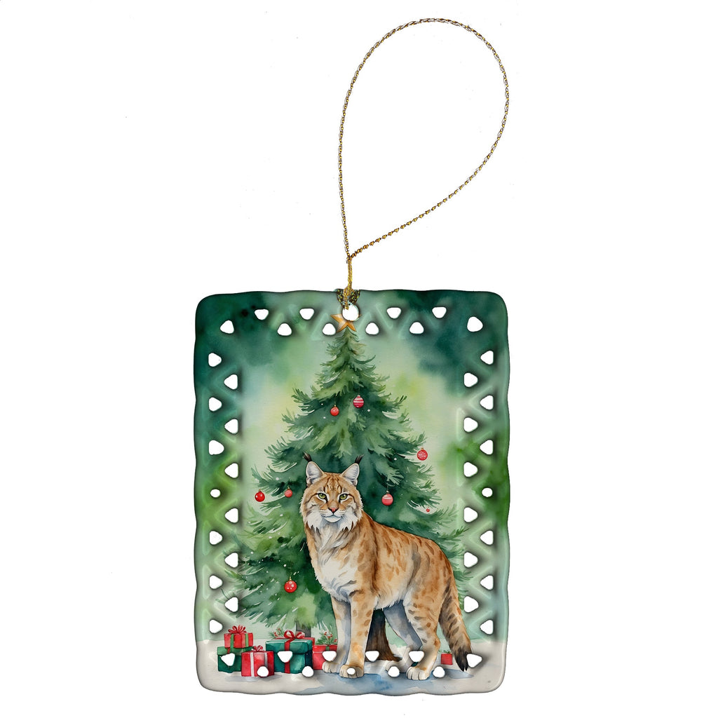 Highlander Lynx Cat By the Christmas Tree Porcelain Ornament Christmas Tree Hanging Decorations for Home Christmas Holiday, Rectangle, Gift, Multicolor