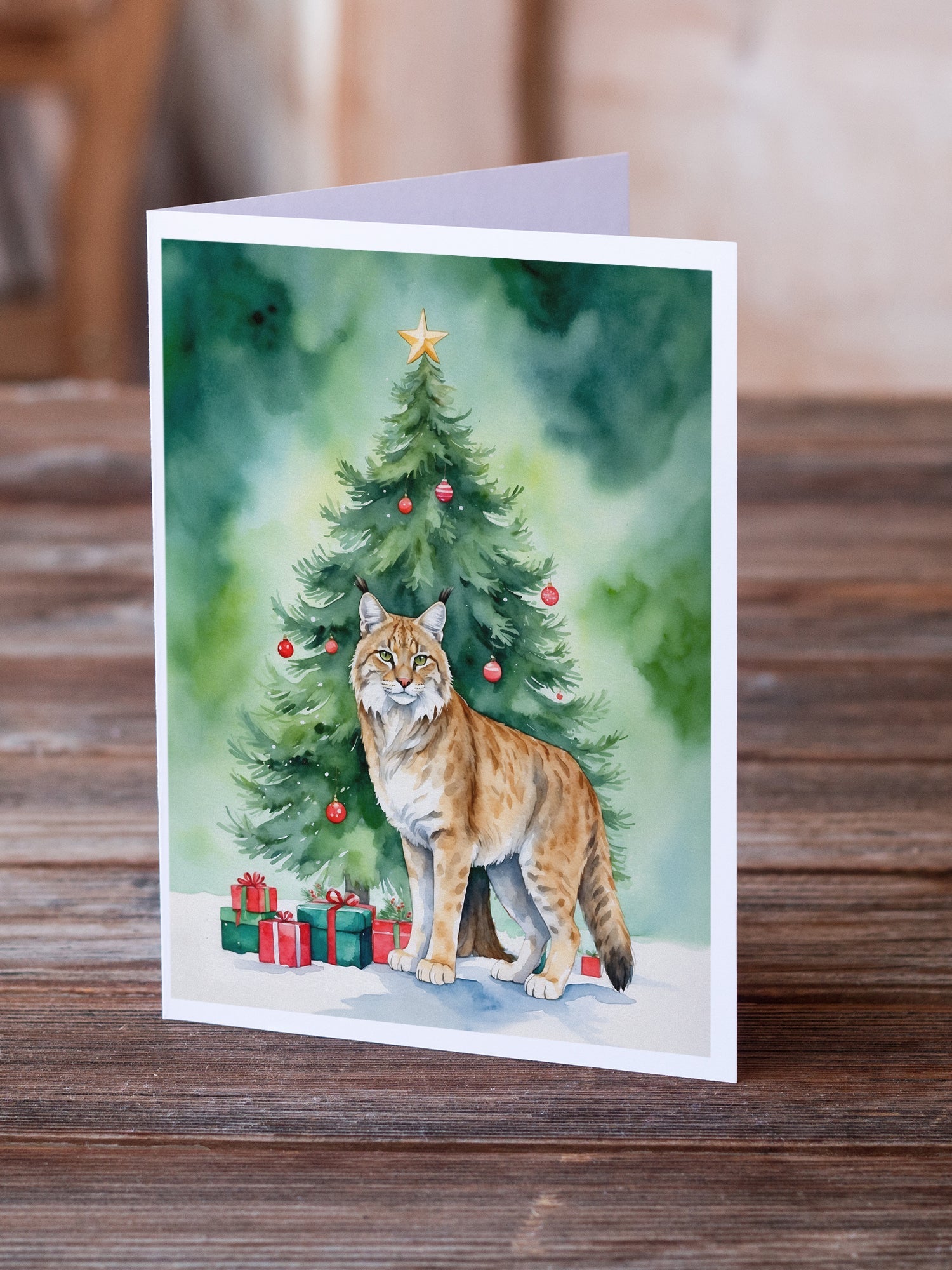 Highlander Lynx Cat By the Christmas Tree Greeting Cards Pack of 8 Blank Cards with Envelopes Whimsical A7 Size 5x7