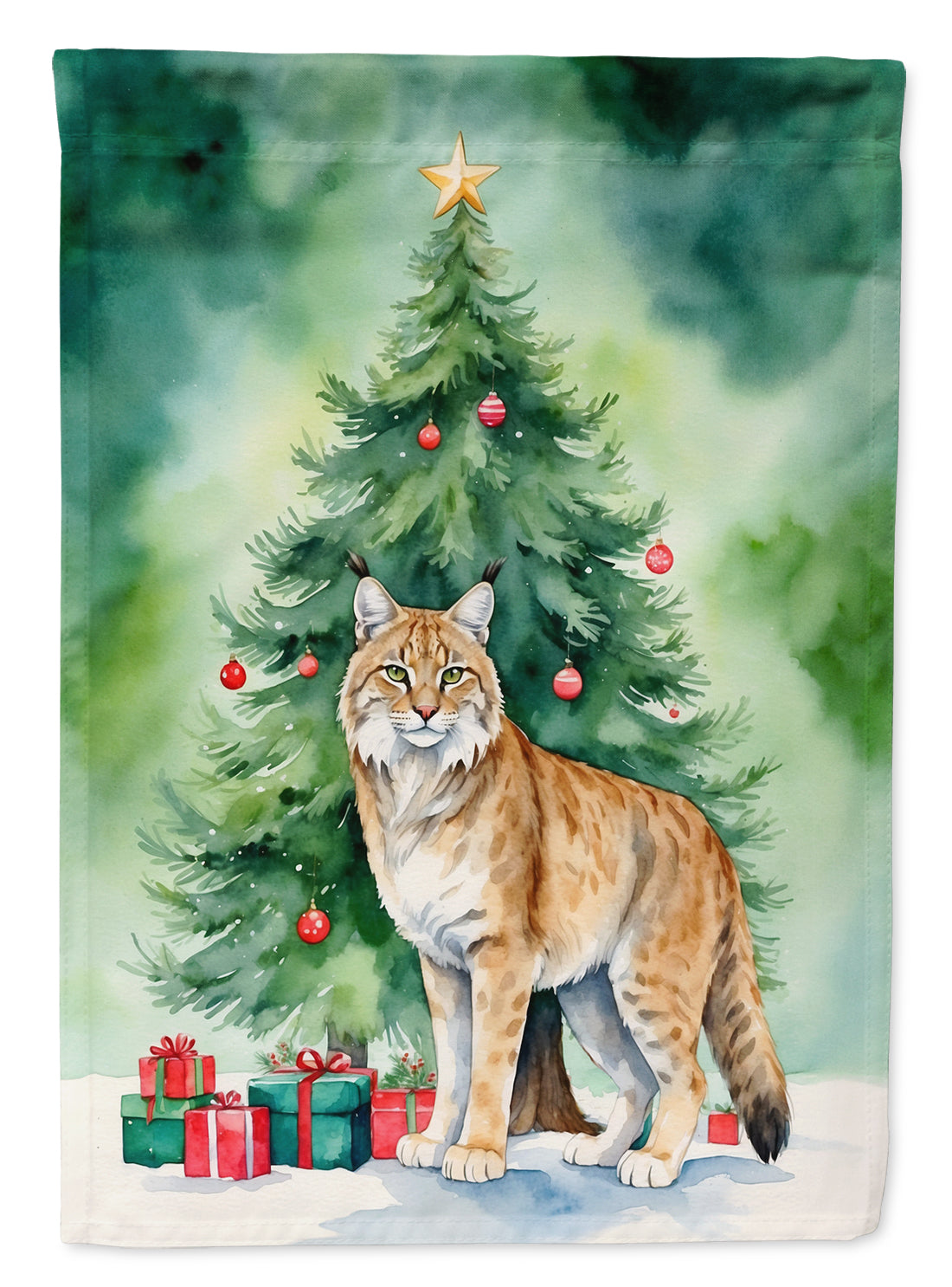 Highlander Lynx Cat By the Christmas Tree Garden Flag Mailbox Decorative Yard Banner Outside Patio Artwork for Flower Beds, Garden Size, Multicolor