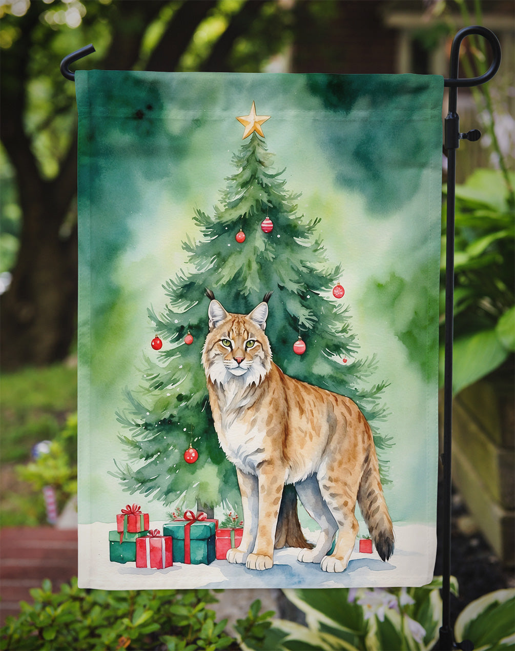 Highlander Lynx Cat By the Christmas Tree Garden Flag Mailbox Decorative Yard Banner Outside Patio Artwork for Flower Beds, Garden Size, Multicolor