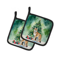 Highlander Lynx Cat By the Christmas Tree Pot Holder Set of 2 Heat Resistant Quilted Hot Pads 7.5 x 7.5 Inch, Insulated Kitchen Trivets for Cooking & Baking