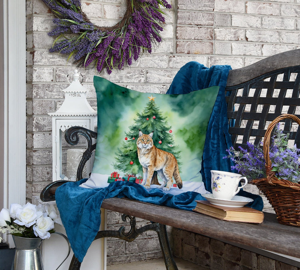 Highlander Lynx Cat By the Christmas Tree Decorative Throw Pillow 18x18 Indoor Outdoor Accent Cushion, Fabric Cover with Insert for Sofa, Bed, Porch & Living Room