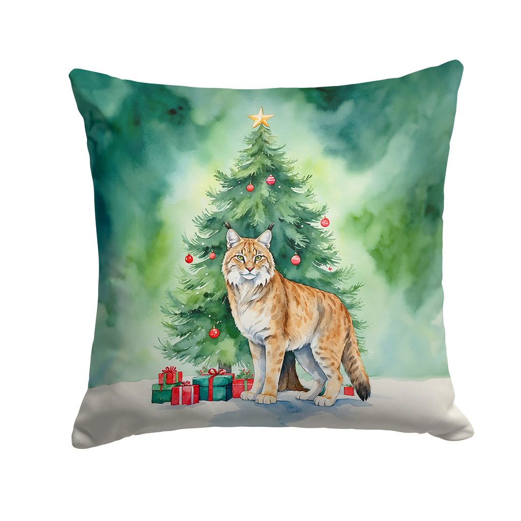 Highlander Lynx Cat By the Christmas Tree Decorative Throw Pillow 18x18 Indoor Outdoor Accent Cushion, Fabric Cover with Insert for Sofa, Bed, Porch & Living Room