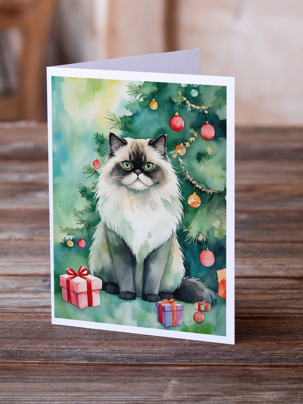Himalayan Cat By the Christmas Tree Greeting Cards Pack of 8 Blank Cards with Envelopes Whimsical A7 Size 5x7