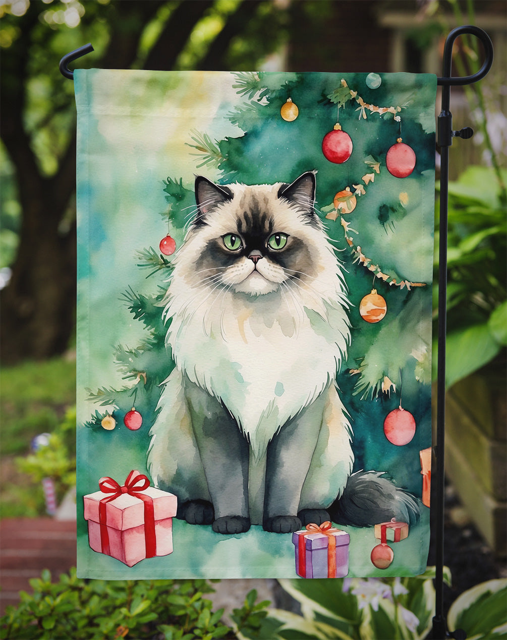 Himalayan Cat By the Christmas Tree Garden Flag Mailbox Decorative Yard Banner Outside Patio Artwork for Flower Beds, Garden Size, Multicolor