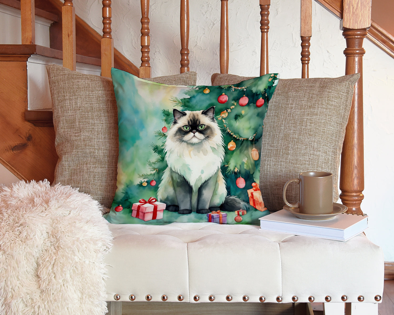 Himalayan Cat By the Christmas Tree Decorative Throw Pillow 14x14 Indoor Outdoor Accent Cushion, Fabric Cover with Insert for Sofa, Bed, Porch & Living Room