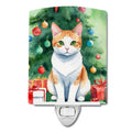 Japanese Bobtail Cat By the Christmas Tree Ceramic Night Light Compact, UL-Certified, Ideal for Bedroom, Bathroom, Nursery, Hallway, Kitchen, 6x4x3, Multicolor
