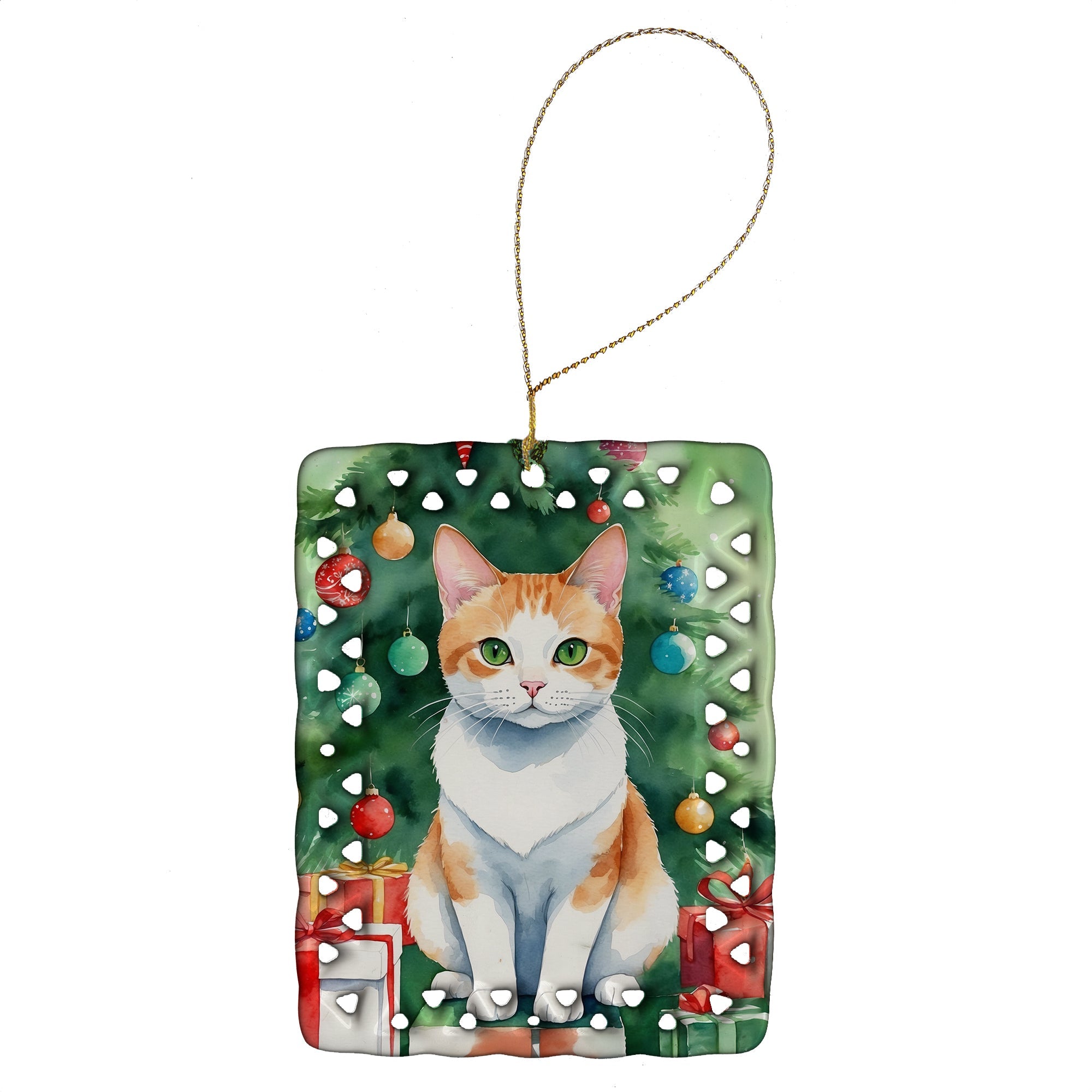 Japanese Bobtail Cat By the Christmas Tree Porcelain Ornament Christmas Tree Hanging Decorations for Home Christmas Holiday, Rectangle, Gift, Multicolor