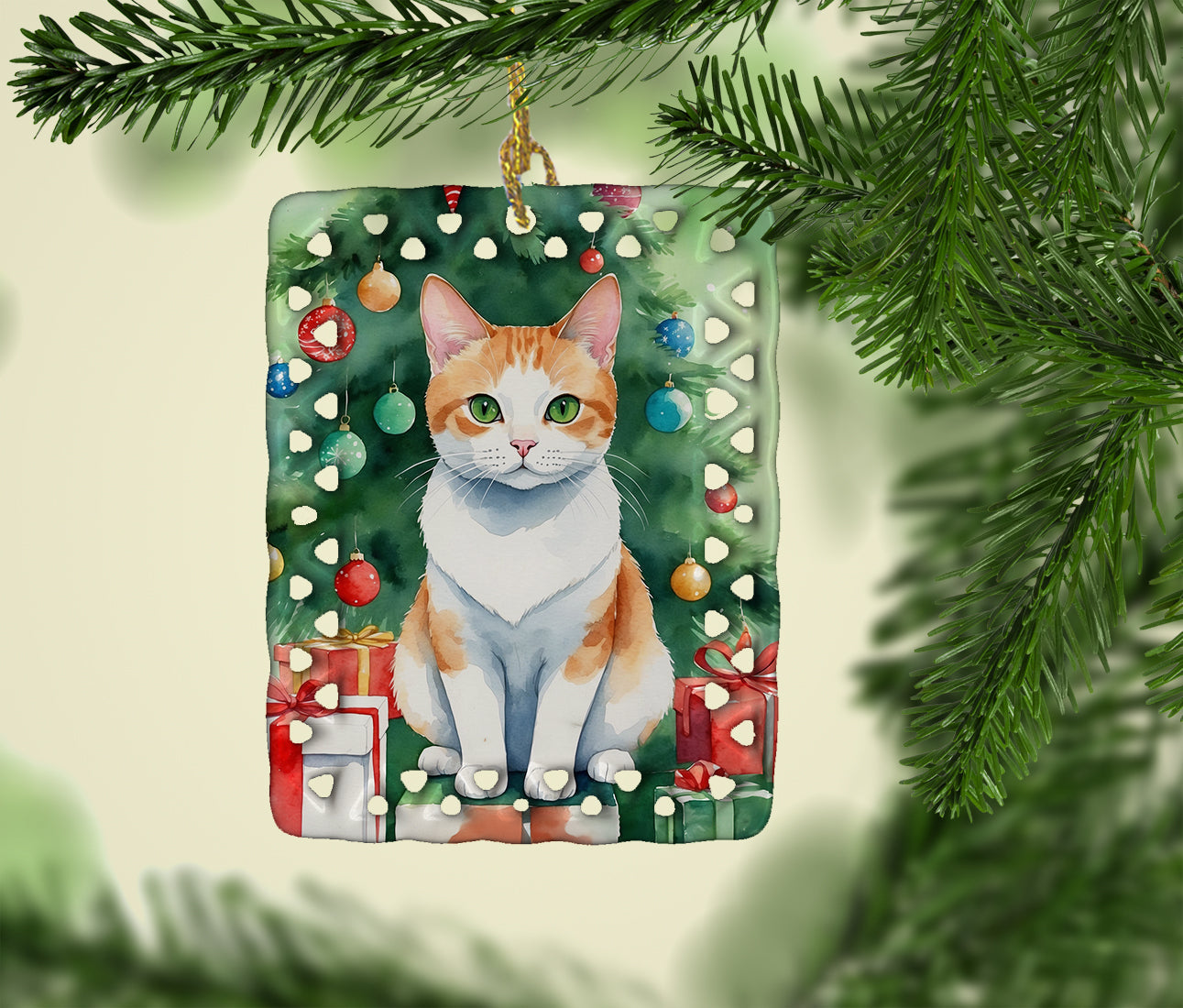 Japanese Bobtail Cat By the Christmas Tree Porcelain Ornament Christmas Tree Hanging Decorations for Home Christmas Holiday, Rectangle, Gift, Multicolor