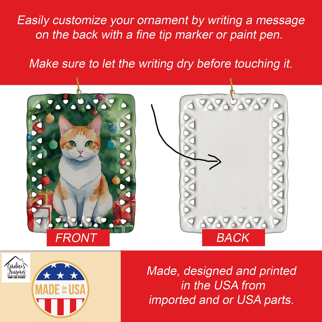 Japanese Bobtail Cat By the Christmas Tree Porcelain Ornament Christmas Tree Hanging Decorations for Home Christmas Holiday, Rectangle, Gift, Multicolor