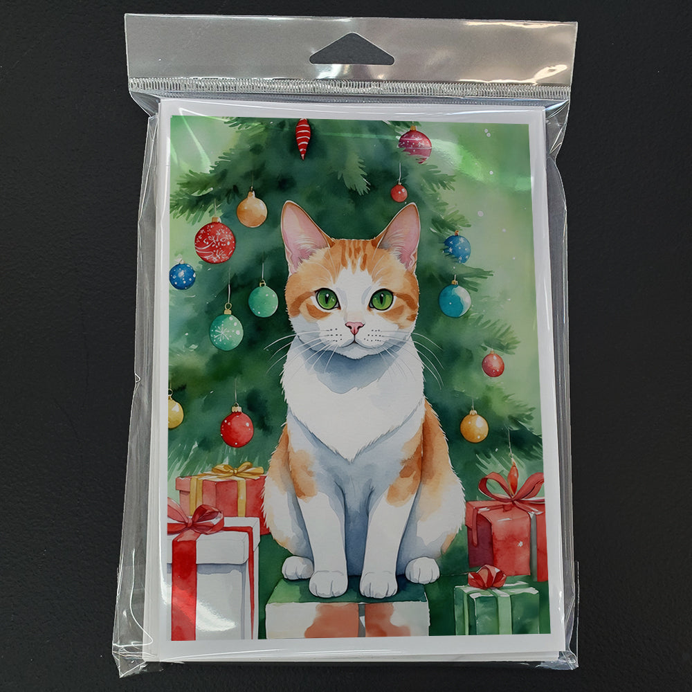 Japanese Bobtail Cat By the Christmas Tree Greeting Cards Pack of 8 Blank Cards with Envelopes Whimsical A7 Size 5x7
