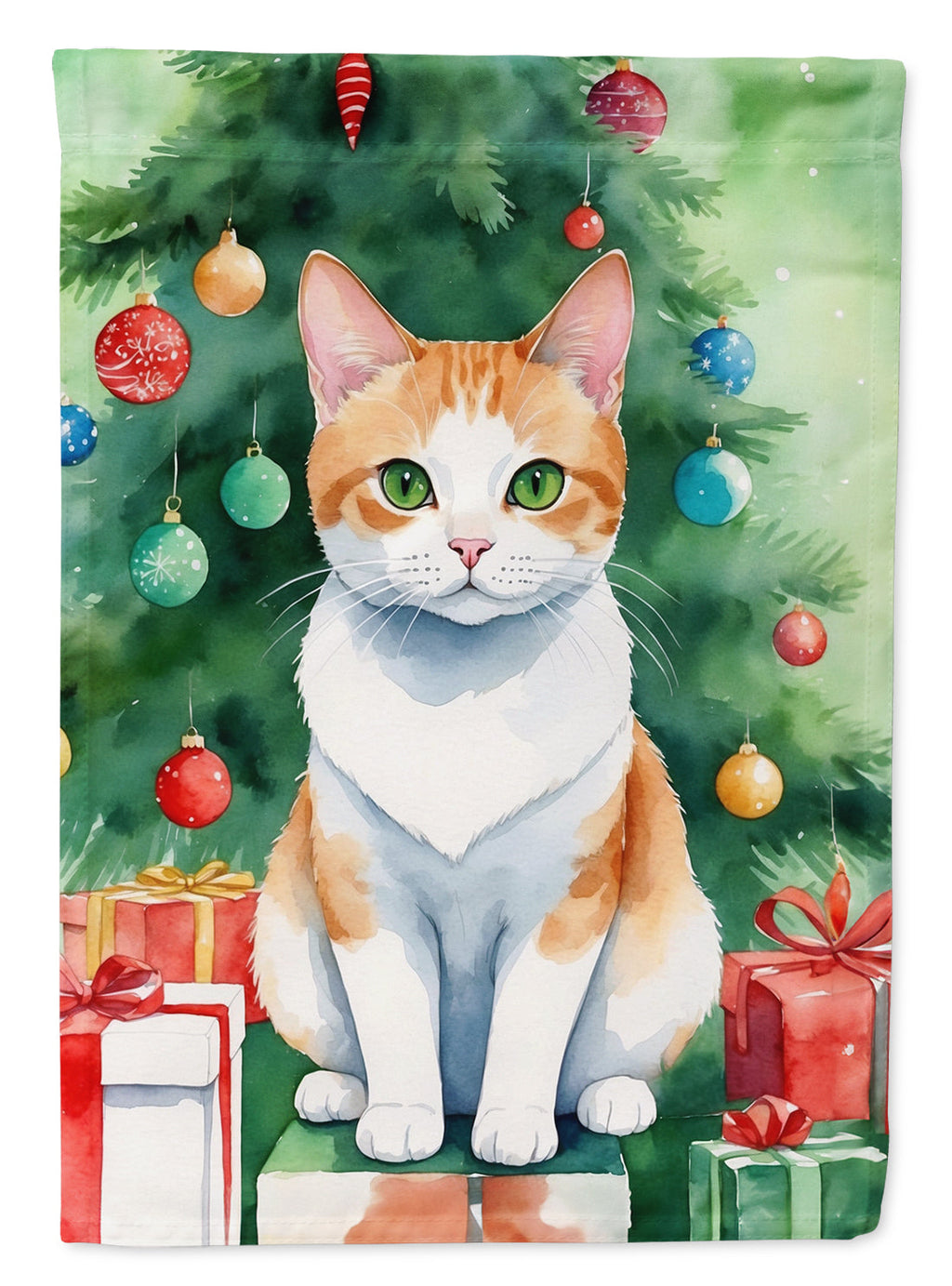Japanese Bobtail Cat By the Christmas Tree Garden Flag Mailbox Decorative Yard Banner Outside Patio Artwork for Flower Beds, Garden Size, Multicolor