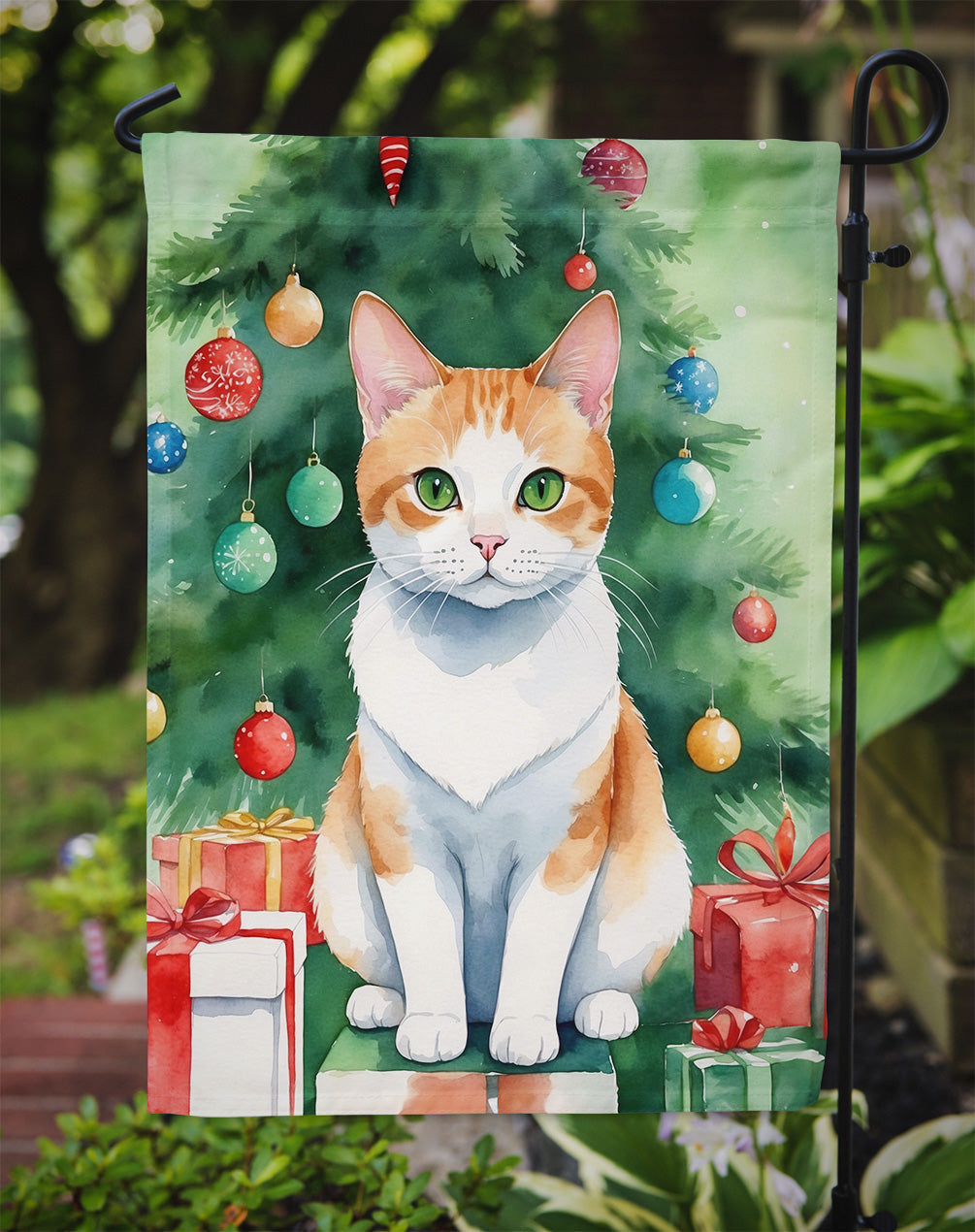 Japanese Bobtail Cat By the Christmas Tree Garden Flag Mailbox Decorative Yard Banner Outside Patio Artwork for Flower Beds, Garden Size, Multicolor