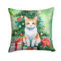 Japanese Bobtail Cat By the Christmas Tree Decorative Throw Pillow 14x14 Indoor Outdoor Accent Cushion, Fabric Cover with Insert for Sofa, Bed, Porch & Living Room