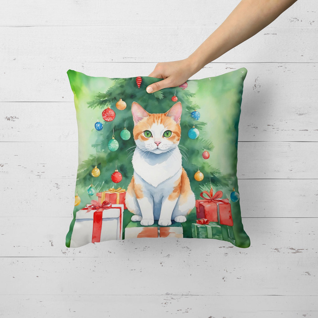Japanese Bobtail Cat By the Christmas Tree Decorative Throw Pillow 18x18 Indoor Outdoor Accent Cushion, Fabric Cover with Insert for Sofa, Bed, Porch & Living Room