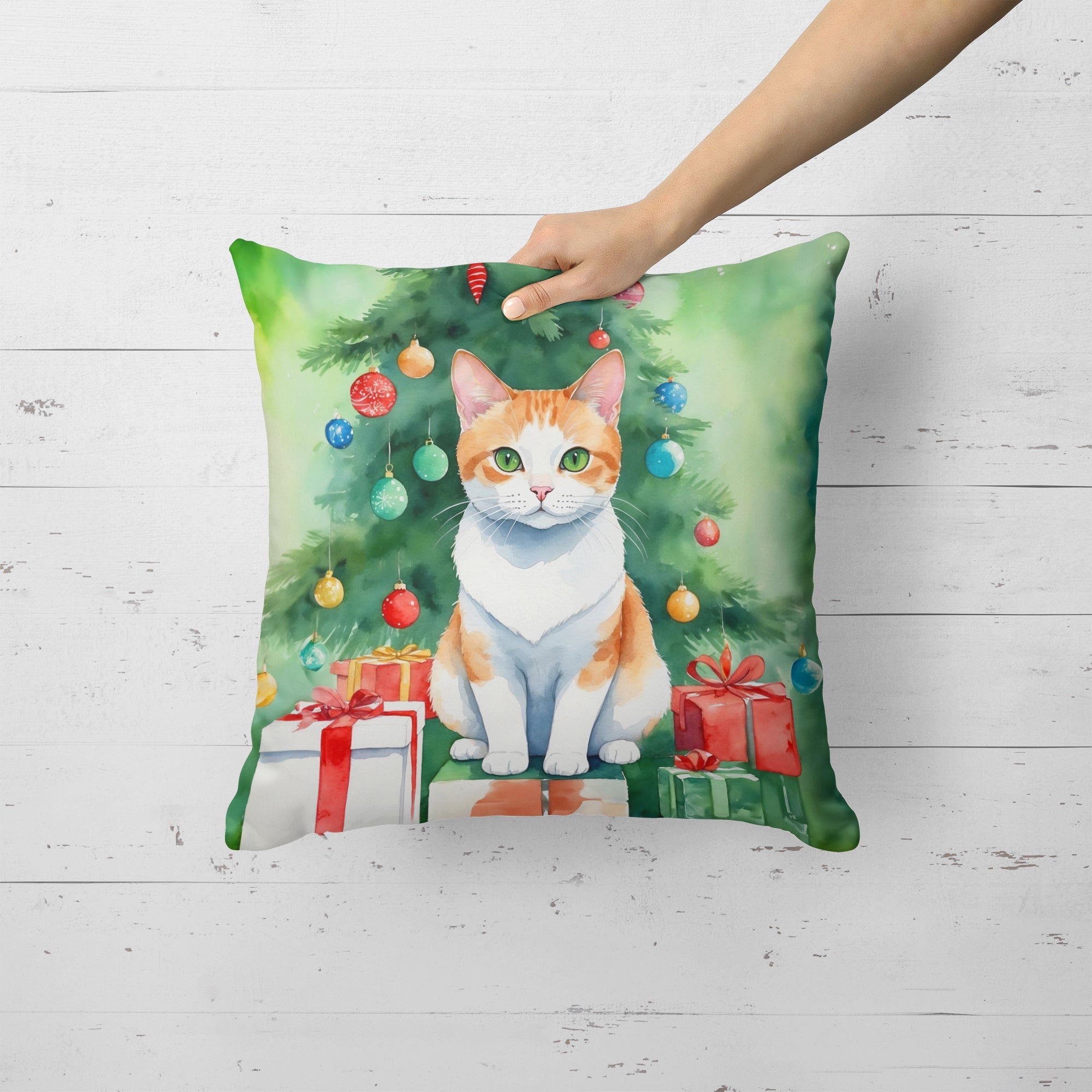 Japanese Bobtail Cat By the Christmas Tree Decorative Throw Pillow 18x18 Indoor Outdoor Accent Cushion, Fabric Cover with Insert for Sofa, Bed, Porch & Living Room