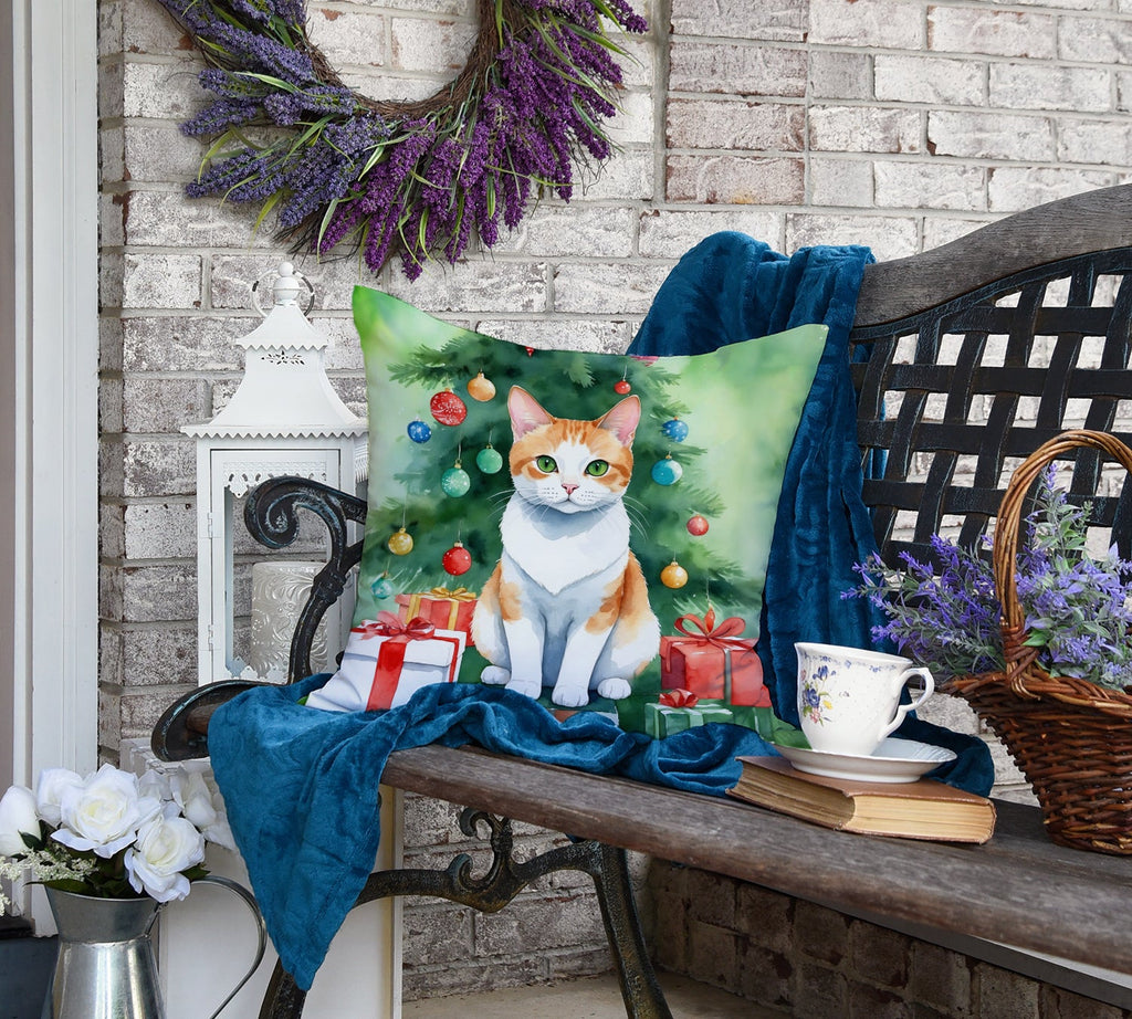 Japanese Bobtail Cat By the Christmas Tree Decorative Throw Pillow 18x18 Indoor Outdoor Accent Cushion, Fabric Cover with Insert for Sofa, Bed, Porch & Living Room