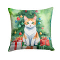 Japanese Bobtail Cat By the Christmas Tree Decorative Throw Pillow 18x18 Indoor Outdoor Accent Cushion, Fabric Cover with Insert for Sofa, Bed, Porch & Living Room