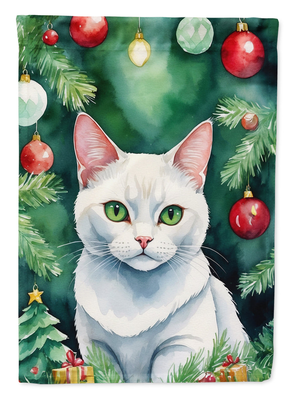 Khao Manee Cat By the Christmas Tree Garden Flag Mailbox Decorative Yard Banner Outside Patio Artwork for Flower Beds, Garden Size, Multicolor