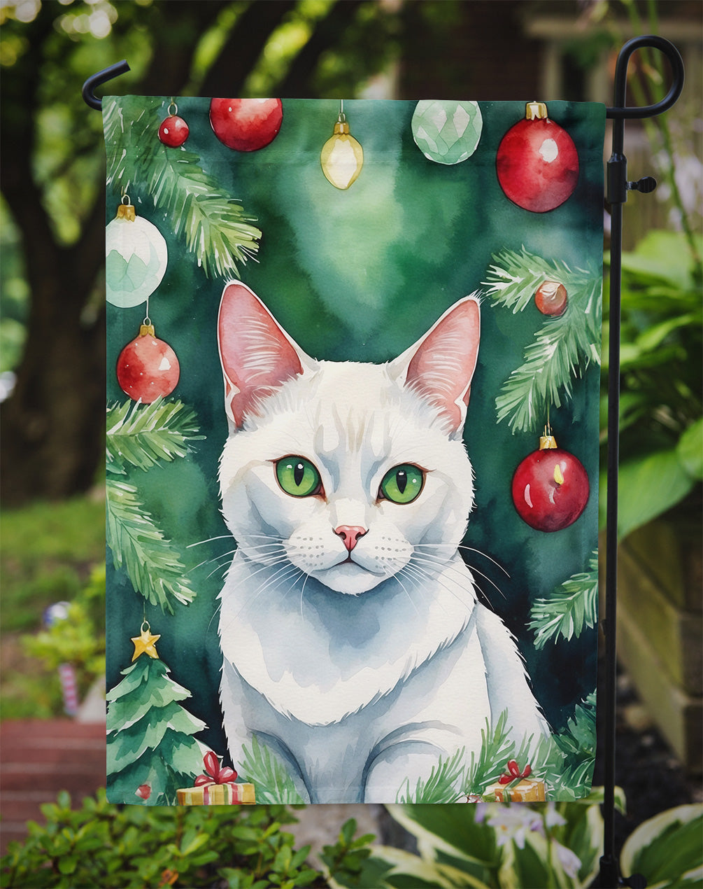 Khao Manee Cat By the Christmas Tree Garden Flag Mailbox Decorative Yard Banner Outside Patio Artwork for Flower Beds, Garden Size, Multicolor