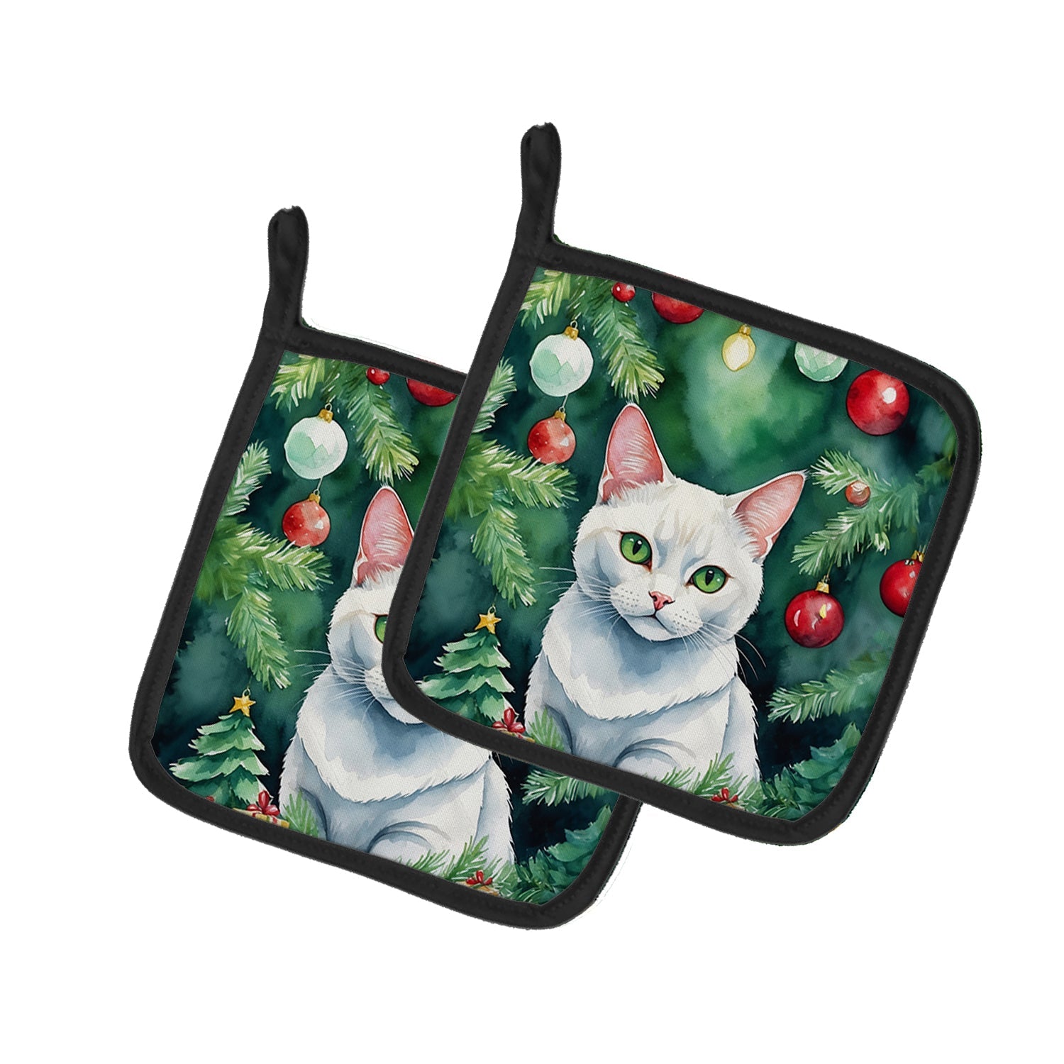 Khao Manee Cat By the Christmas Tree Pot Holder Set of 2 Heat Resistant Quilted Hot Pads 7.5 x 7.5 Inch, Insulated Kitchen Trivets for Cooking & Baking